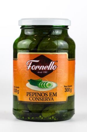 Pepinos em conserva vidro 300 g - caixa com 15 unidades. Preço unitário R$ 10,9